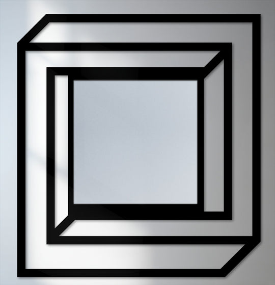 The brightest area highlights the inner square of this angled depth, modern layered geometric metal artwork that serves as a bold bathroom mirror.