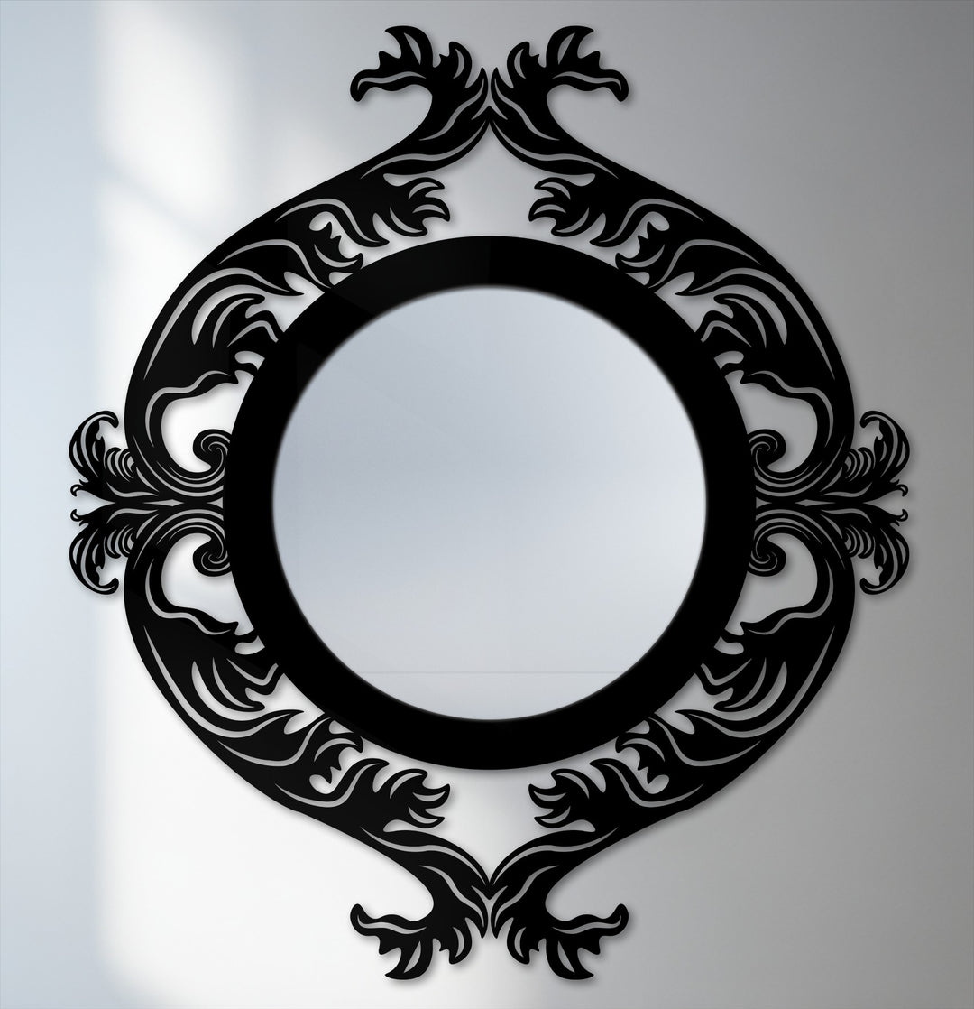 Geometric flourishes accent this ornate round mirror for wall decor, its interwoven dual dragon design creating a mythical statement perfect for bold interiors.