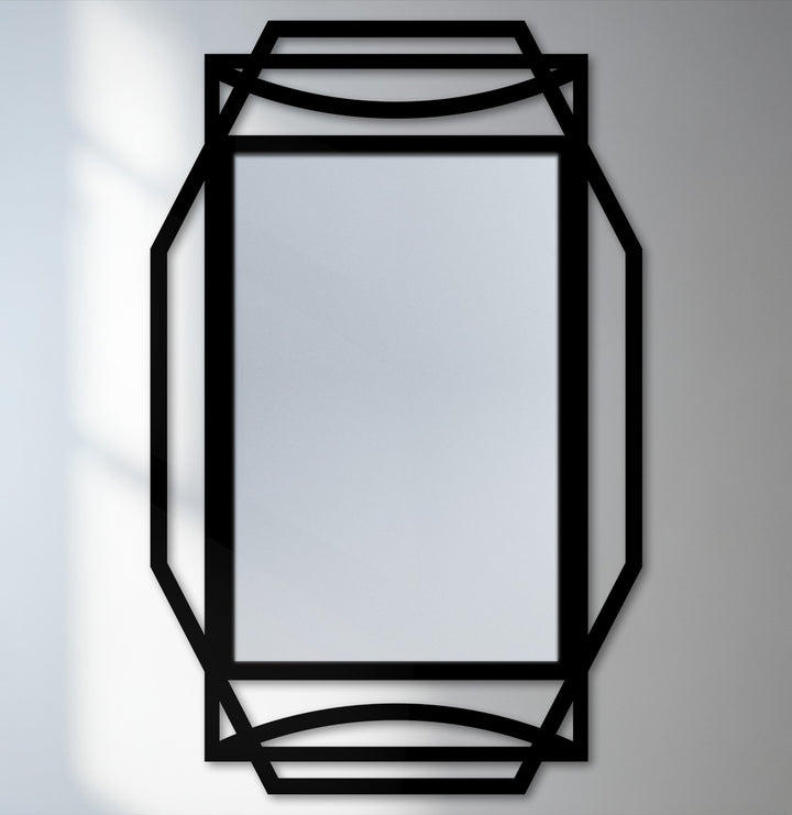 Light shifts across this modern mirror, emphasizing the sleek Art Deco design and geometric black metal art for wall frame's arch accents.