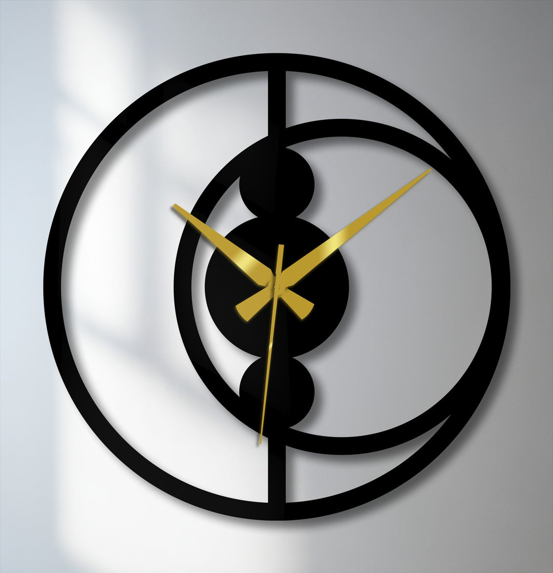 Geometric decorative wall art defines this abstract circular metal wall clock with its minimalist design featuring bold concentric rings and spherical accents.