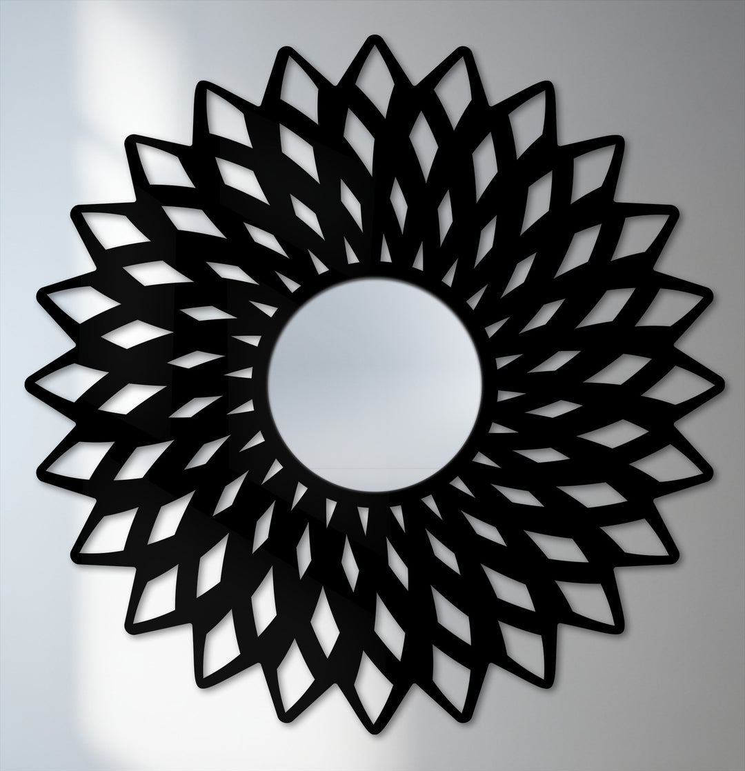 Layered geometric shapes create depth in this eye-catching geometric flower floor modern mirror with a black frame.