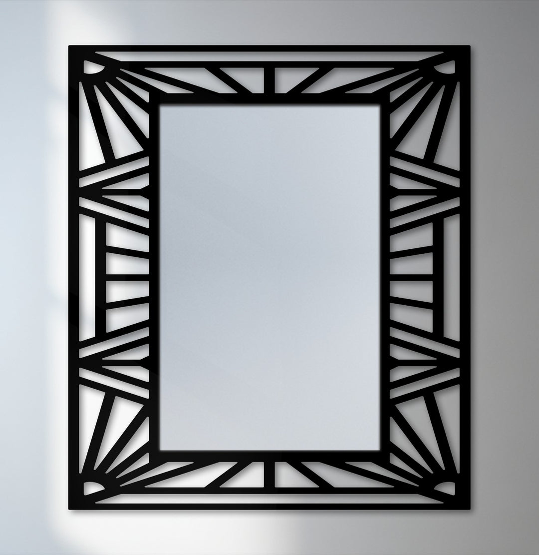The realistic detail showcases the geometric sunburst frame floor mirror's bold black metal lines and reflective mirror for wall decor, highlighting its intricate design.