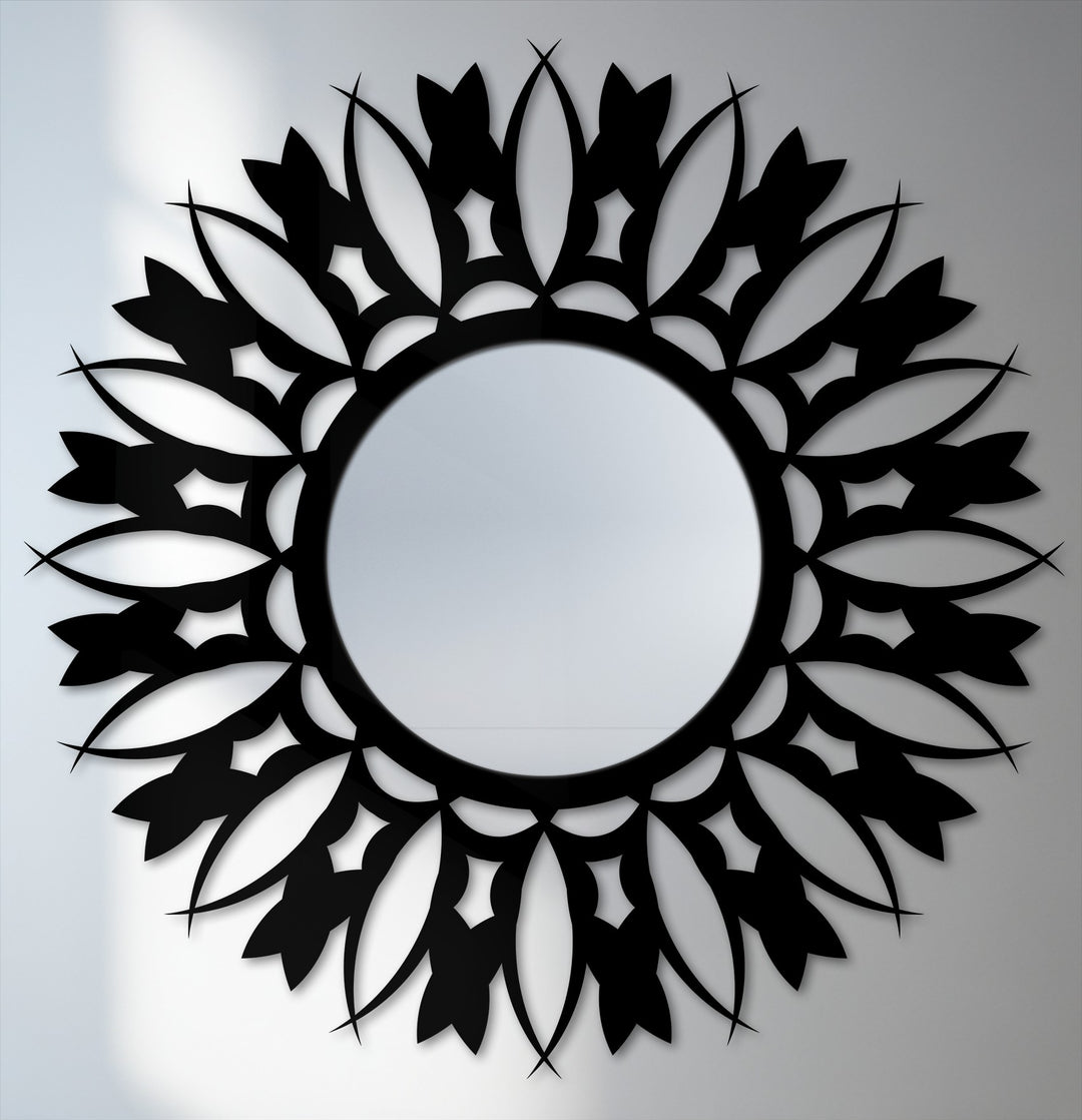 Gleaming reflections in this floral sunburst floor mirror create a captivating transition of colors around its black frame, enhancing the bathroom mirror's aesthetic appeal.