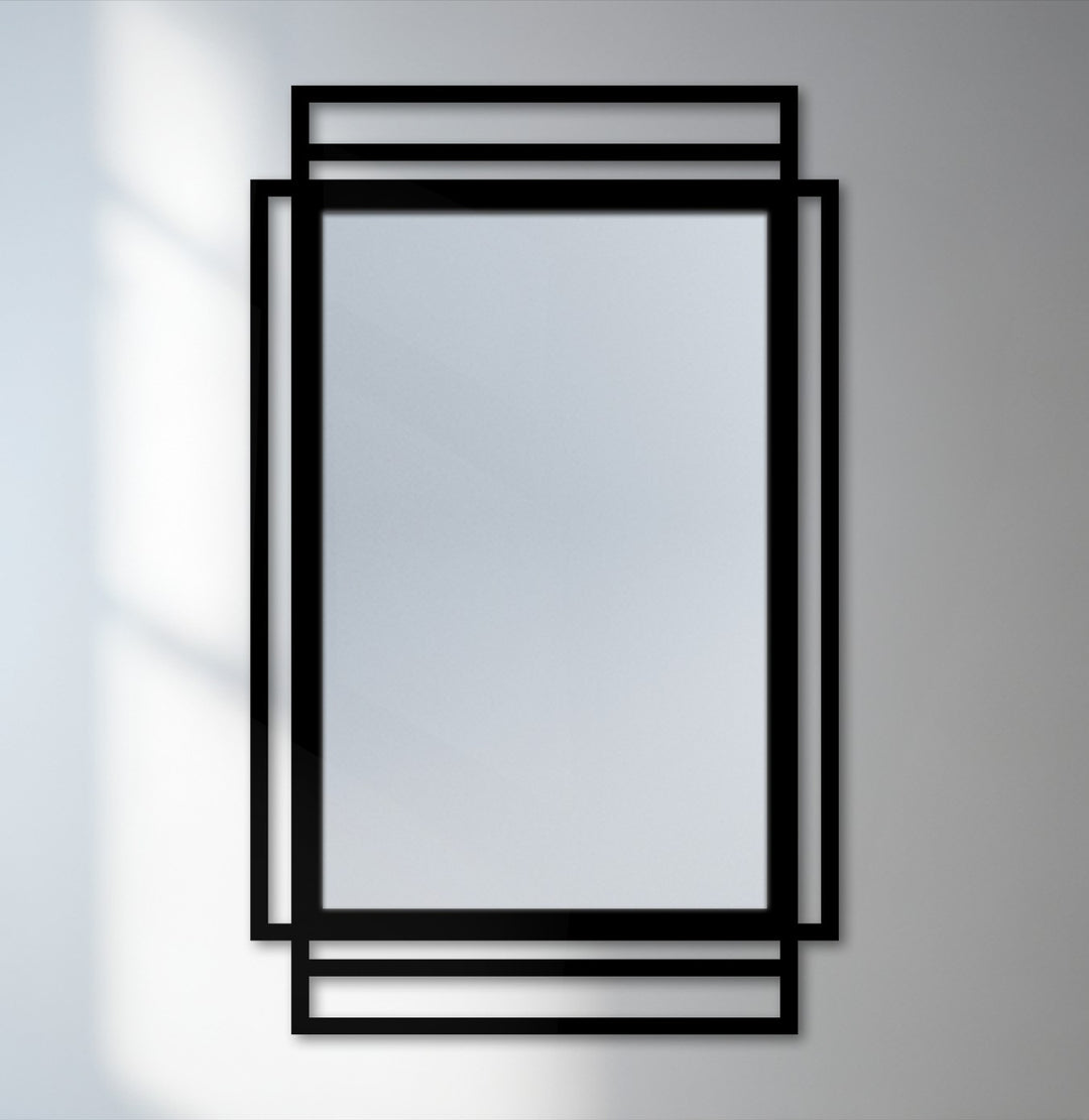 Geometric layered frame rectangular floor mirror showcases a sleek black design, enhancing home decor with a stylish mirror for wall decor.