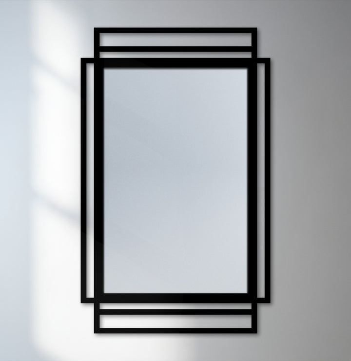 Geometric layered frame rectangular floor mirror showcases a sleek black design, enhancing home decor with a stylish mirror for wall decor.