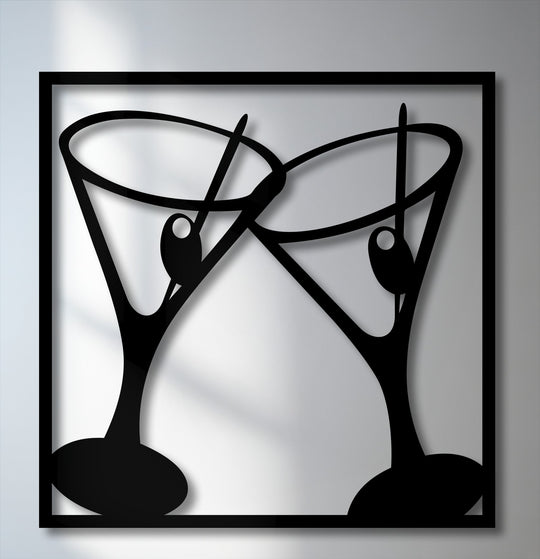 A bold black silhouette of two stylish clinking martini glasses with olives framed in black, perfect modern bar decoration wall art.