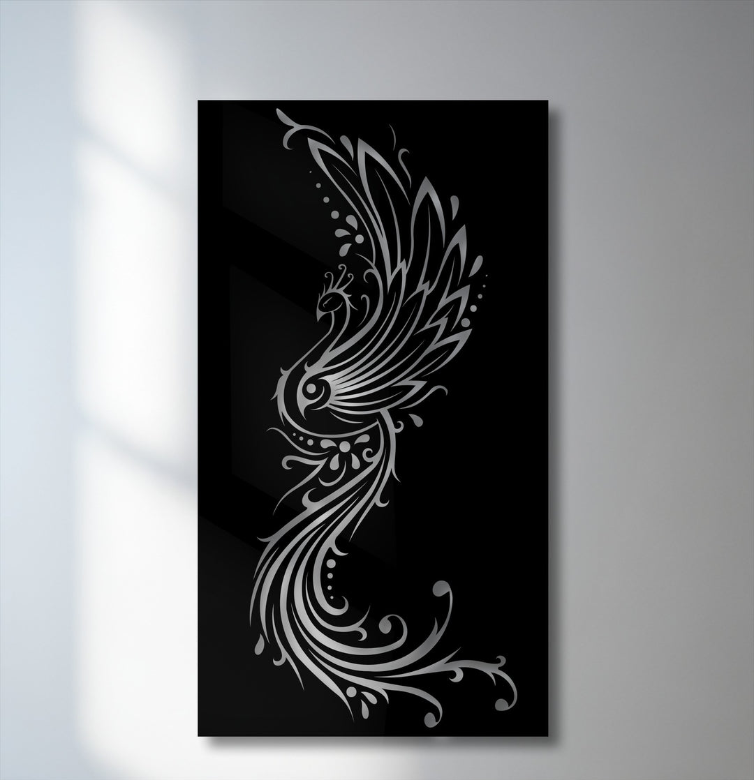 The elegant and serene mood of this ornamental phoenix bird decoration wall art evokes a sense of mythical grace on a dark background.