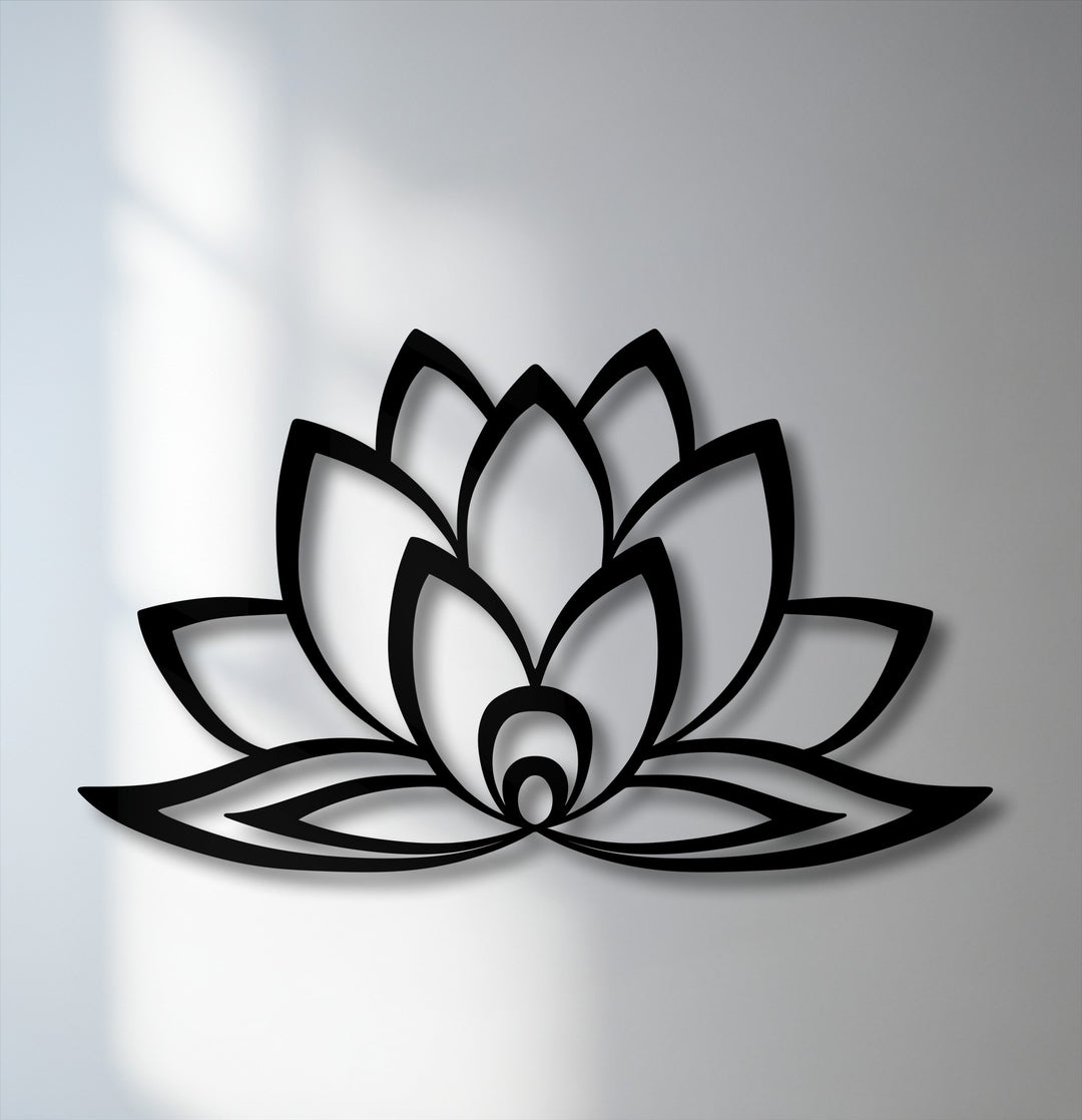 Cool-toned lighting and subtle shadows enhance the serene Minimal Lotus Bloom metal wall decor, creating a calming visual.