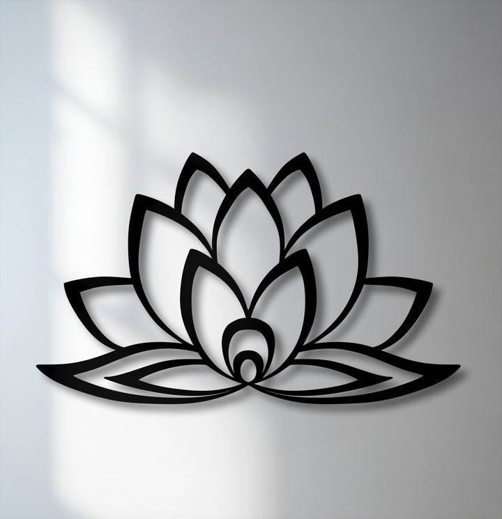 Cool-toned lighting and subtle shadows enhance the serene Minimal Lotus Bloom metal wall decor, creating a calming visual.