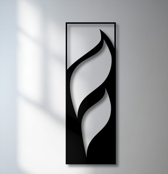 The visual rhythm of this minimalist vertical metal artwork creates a dynamic flow with bold black flowing leaves and subtle shadows.