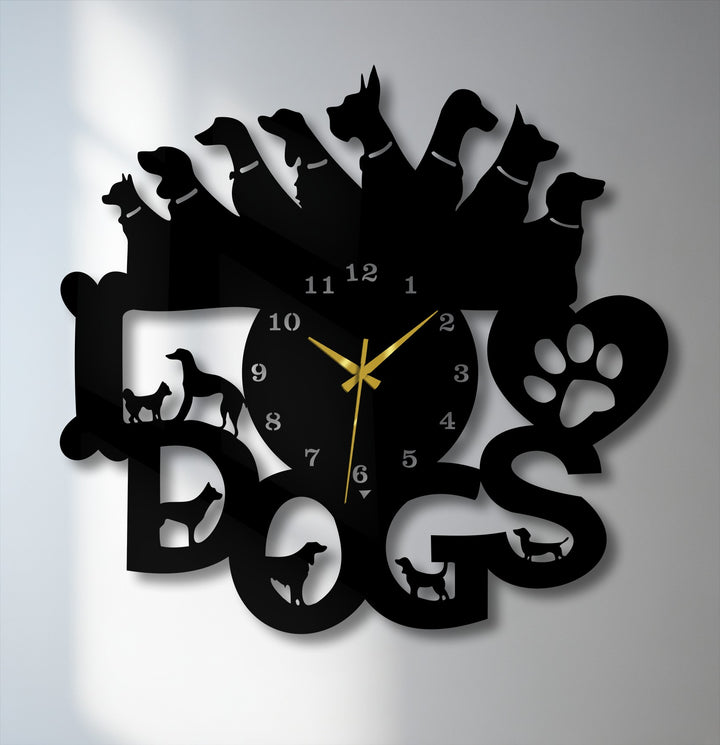 The flowing, silhouetted organic forms of diverse dog breeds create a striking metal art for wall clock, appealing to pet lovers.