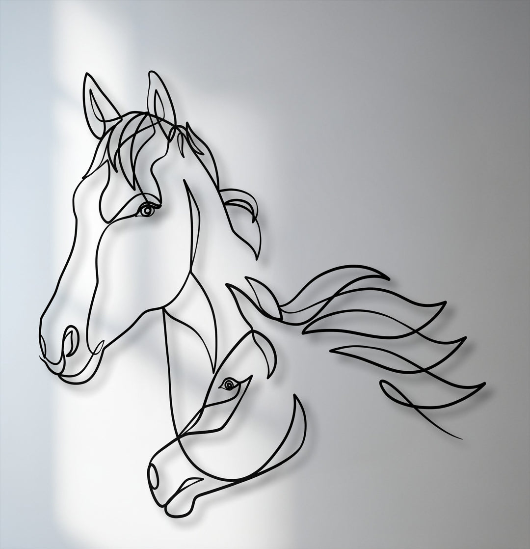 The illuminated white backdrop prominently displays sleek metal artwork of a flowing, minimalist dual horse line art.