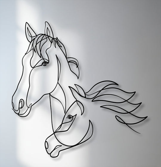 The illuminated white backdrop prominently displays sleek metal artwork of a flowing, minimalist dual horse line art.
