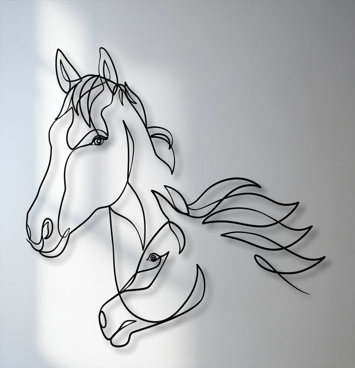 The illuminated white backdrop prominently displays sleek metal artwork of a flowing, minimalist dual horse line art.