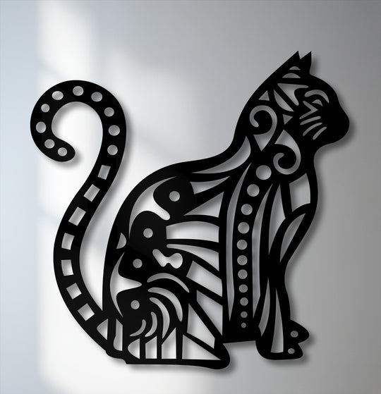 The focal point is an intricate black cat silhouette, a striking piece of patterned ornamental decorative metal art.