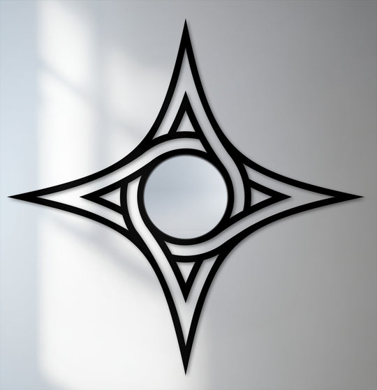 Subtle light and shadow accentuate the star frame design of this black bathroom mirror, enhancing its unique metal appearance and circular reflection.