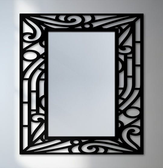 Smoothly reflecting light, the abstract curved line pattern of this floor mirror complements a sleek, modern bathroom mirror design in black metal.