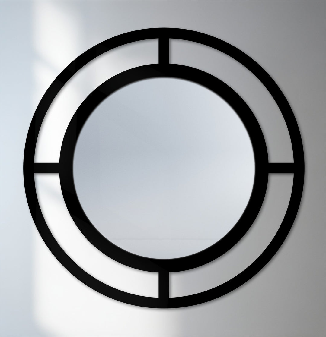 High color contrast defines the modern double ring mirror for wall decor, with its stark black frame encircling a reflective central disc.