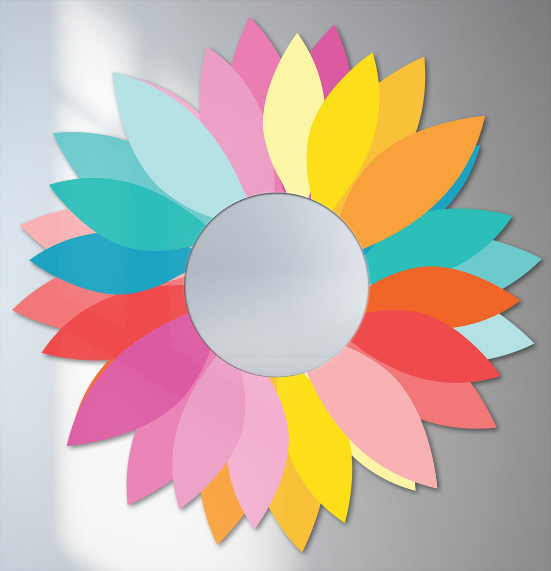 The layering effect showcases vibrant, overlapping petals of a colorful floral design, creating a truly unique metal wall art mirror.