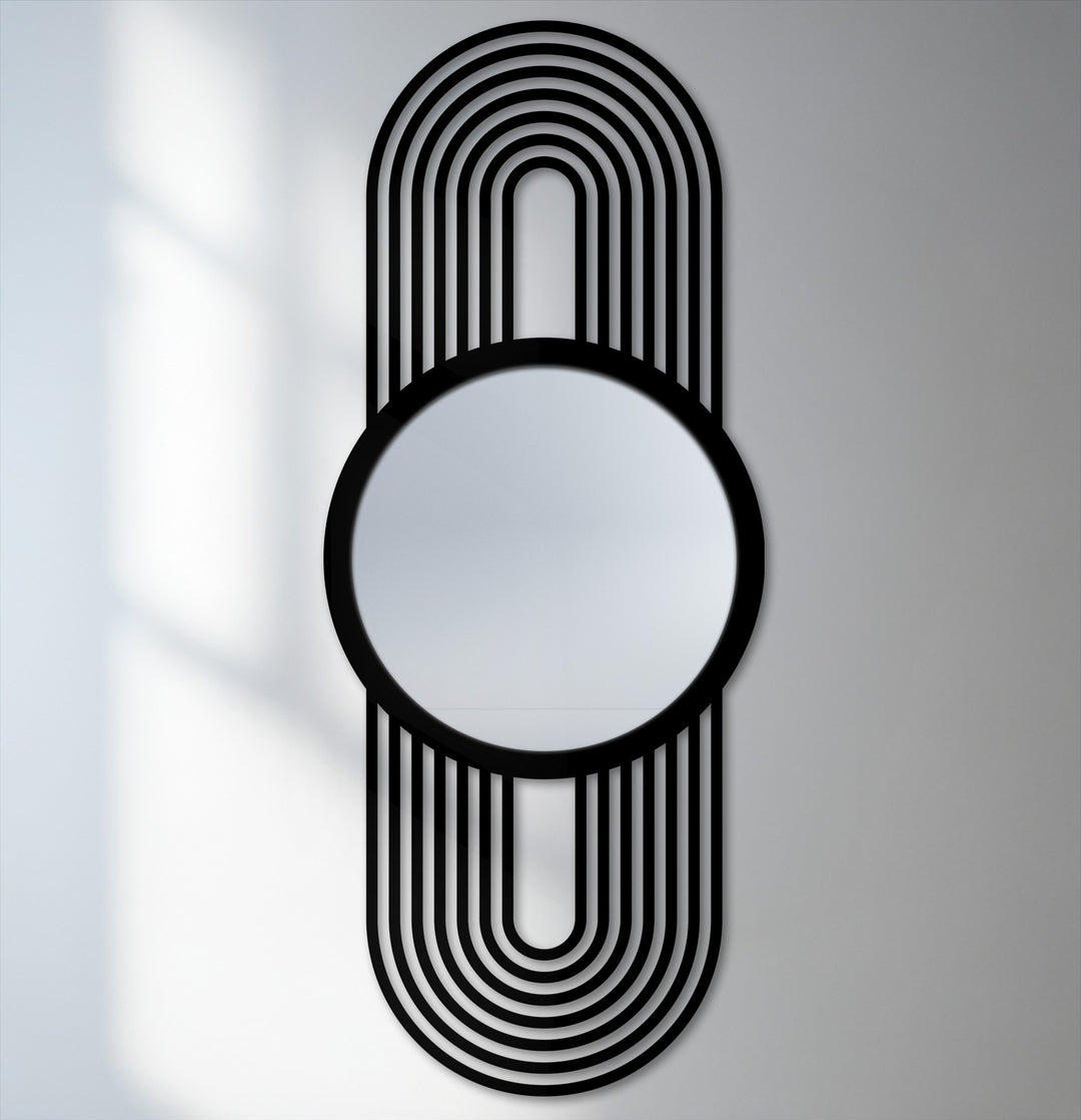 Striking color contrast defines the black frame and arch lines of this modern floor mirror, making it a unique metal wall art decor piece.
