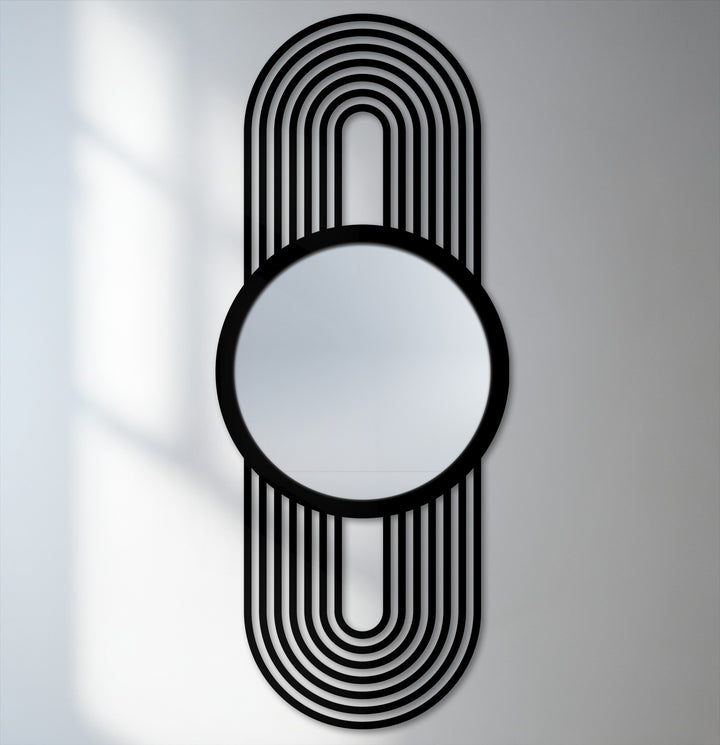 Striking color contrast defines the black frame and arch lines of this modern floor mirror, making it a unique metal wall art decor piece.