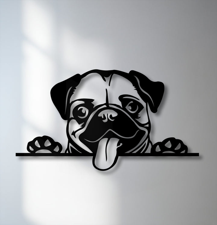 The striking color contrast of this black metal pug dog silhouette against a bright wall makes for captivating decoration wall art.