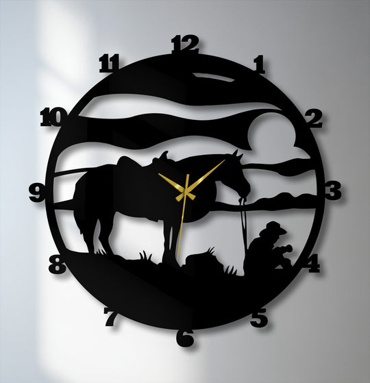 Black is the prominent color in this western cowboy horse silhouette metal wall clock, a unique decoration wall art piece with a rustic ranch design.