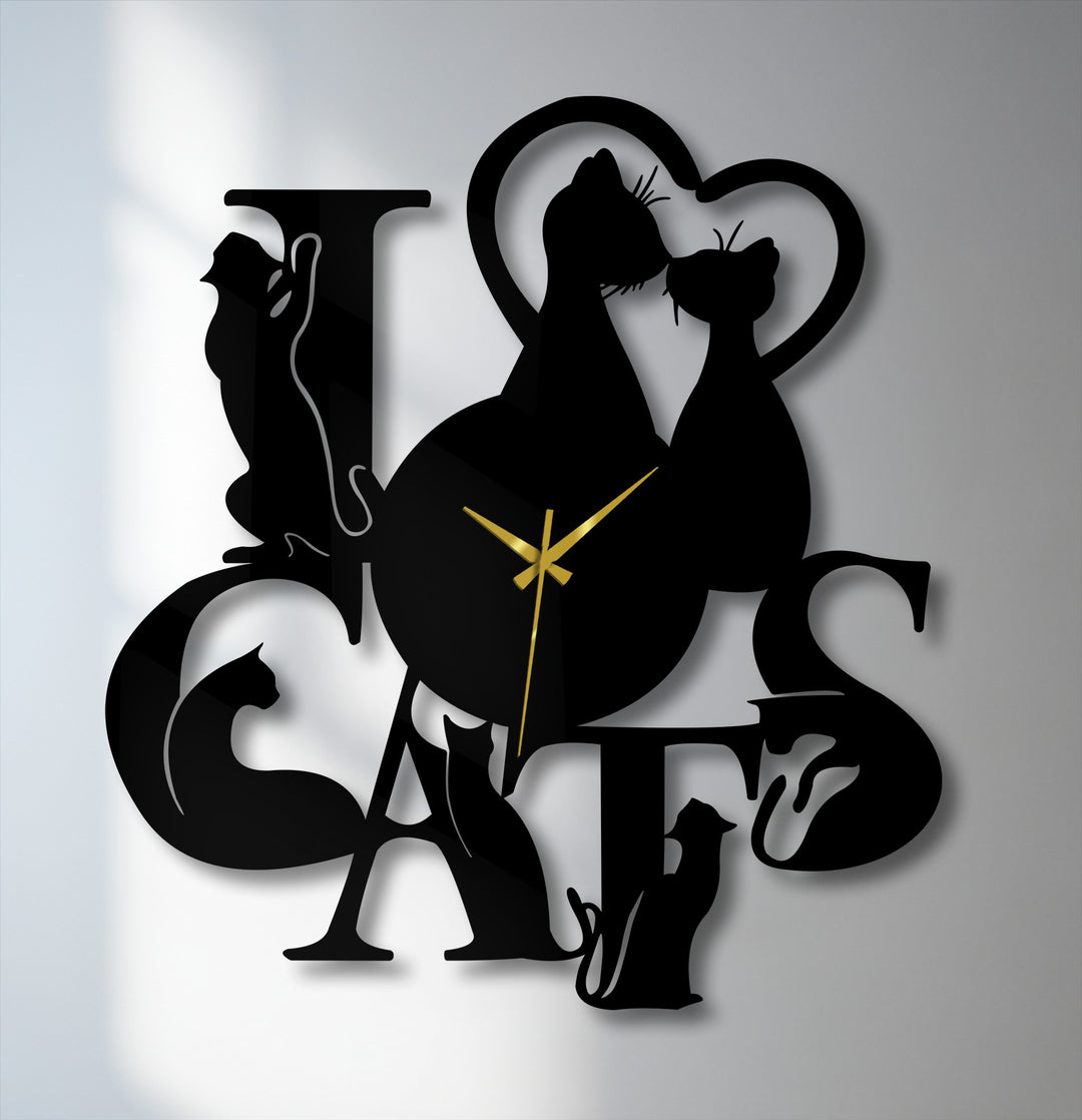 Contrasting light and shadow dramatically define the sleek, romantic cat silhouette metal wall decor, intricately designed as a wall clock.