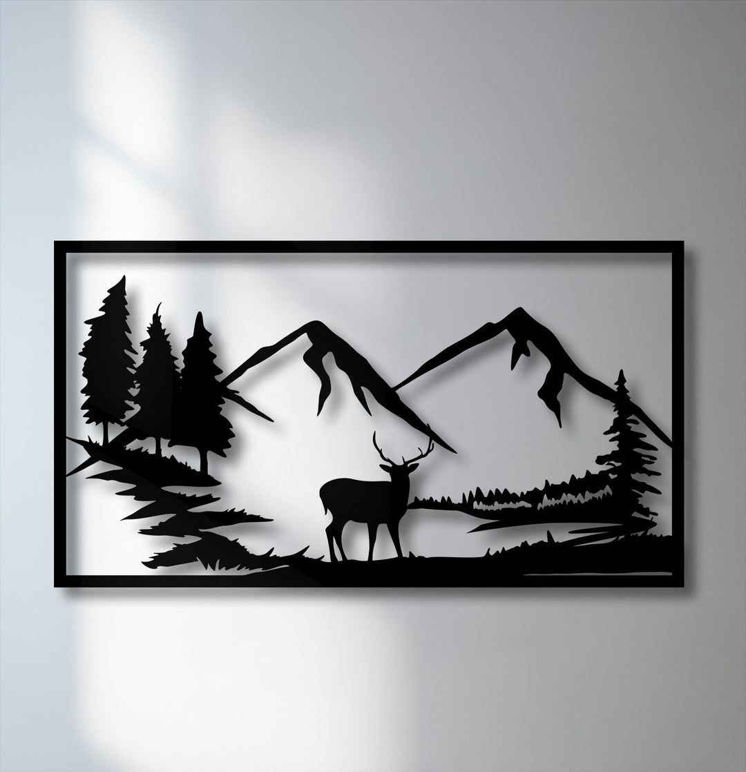 Centering on a majestic deer silhouette, this captivating nature landscape metal art for wall displays mountains, dense trees, and a tranquil lake.