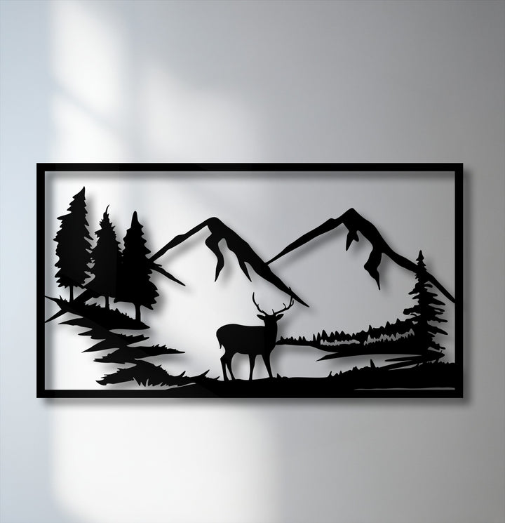 Centering on a majestic deer silhouette, this captivating nature landscape metal art for wall displays mountains, dense trees, and a tranquil lake.