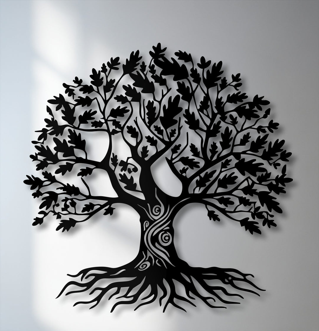 Layered depth is revealed by the intricate black Tree of Life metal wall decor, casting shadows on the pristine white wall.