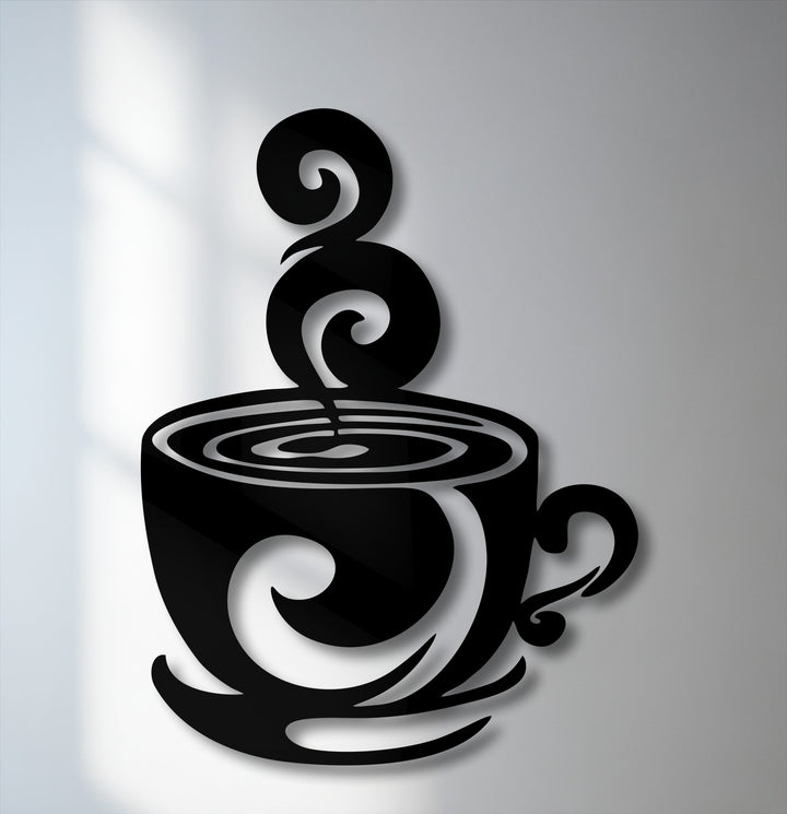 The realistic detail of the swirling coffee cup silhouette is brought to life in this captivating metal artwork, featuring intricate steam and liquid ripples.