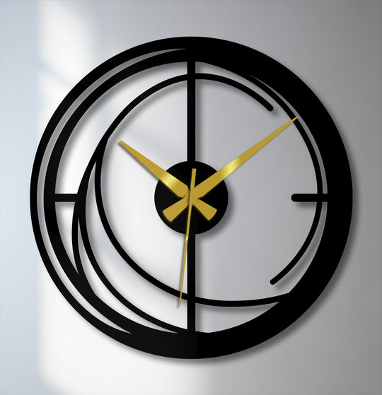 Black dominates the modern spiral metal wall clock, making it a striking piece of unique metal wall art with gold hands.