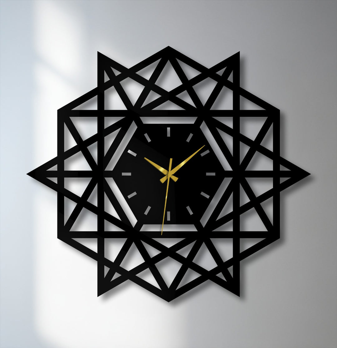 Geometric metal artwork layers and depths create a captivating dimension within this modern abstract star wall clock design.