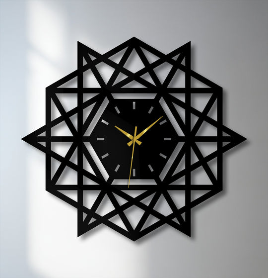 Geometric metal artwork layers and depths create a captivating dimension within this modern abstract star wall clock design.