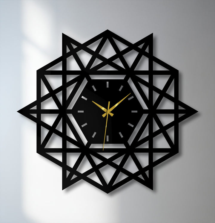 Geometric metal artwork layers and depths create a captivating dimension within this modern abstract star wall clock design.