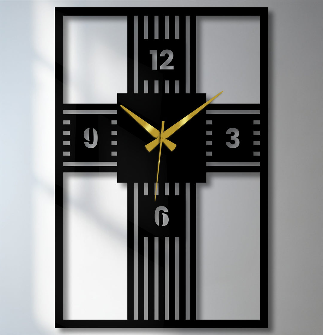 Showcasing the sleek finish of this modern metal art for wall clock with a geometric cross design, featuring black steel and contrasting gold clock hands.