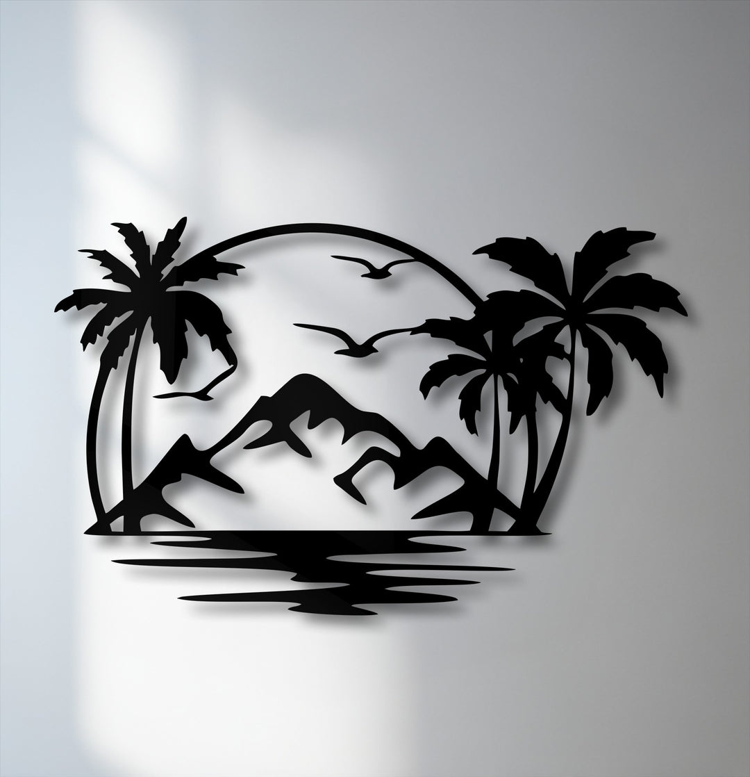 Abstract silhouette metal artwork depicting a serene tropical island paradise with palm trees, mountains, birds, and water.