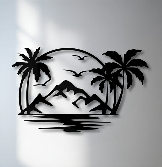 Abstract silhouette metal artwork depicting a serene tropical island paradise with palm trees, mountains, birds, and water.