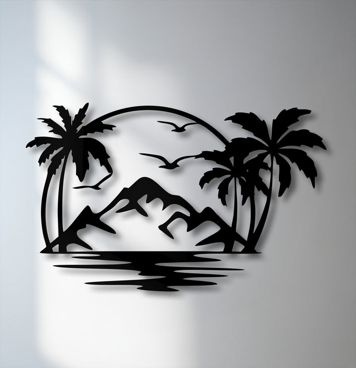 Abstract silhouette metal artwork depicting a serene tropical island paradise with palm trees, mountains, birds, and water.