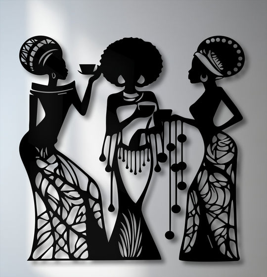 Vertically oriented, slender black silhouettes of three African women with distinct headwear and patterned dresses define this elegant metal artwork.