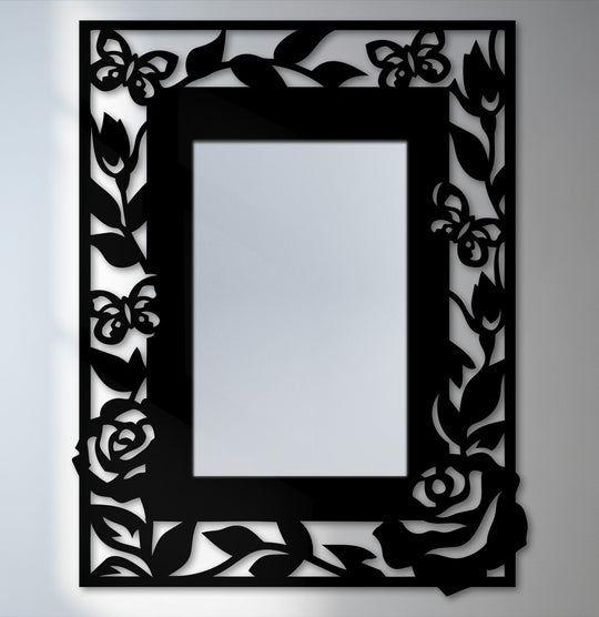 Floral butterfly frame stands out as decorative metal art, reflecting an elegant nature-inspired design, showcasing the detailed craftsmanship of the wall mirror.