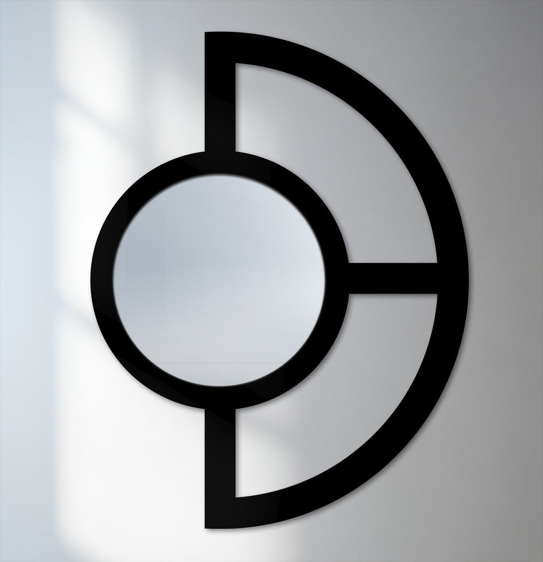 Black dominates this abstract half circle decorative mirror, making for a visually striking piece of geometric metal artwork.