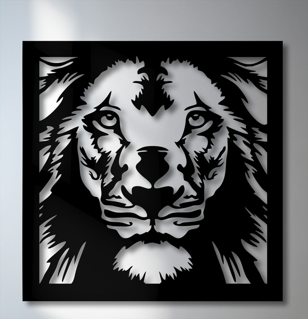 The brightest area boldly defines the majestic lion's geometric face, a captivating piece of metal artwork.