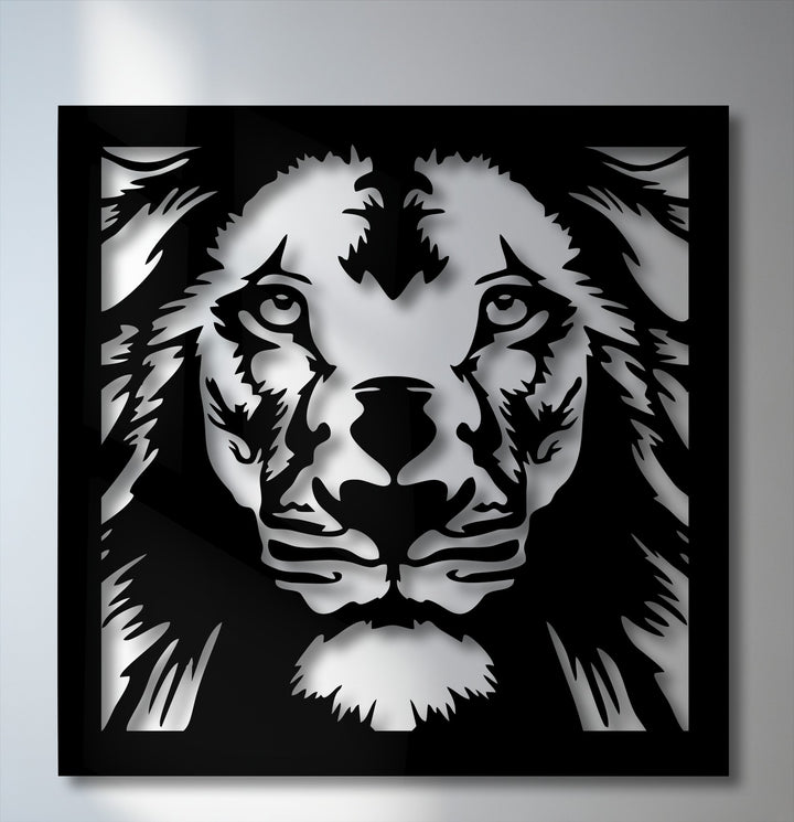 The brightest area boldly defines the majestic lion's geometric face, a captivating piece of metal artwork.