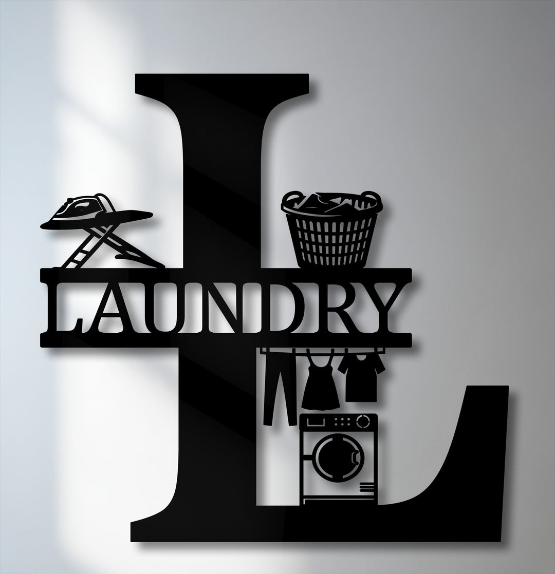 The layered custom initial metal decoration wall art casts captivating shadows, highlighting detailed laundry room motifs like the iron and washer.