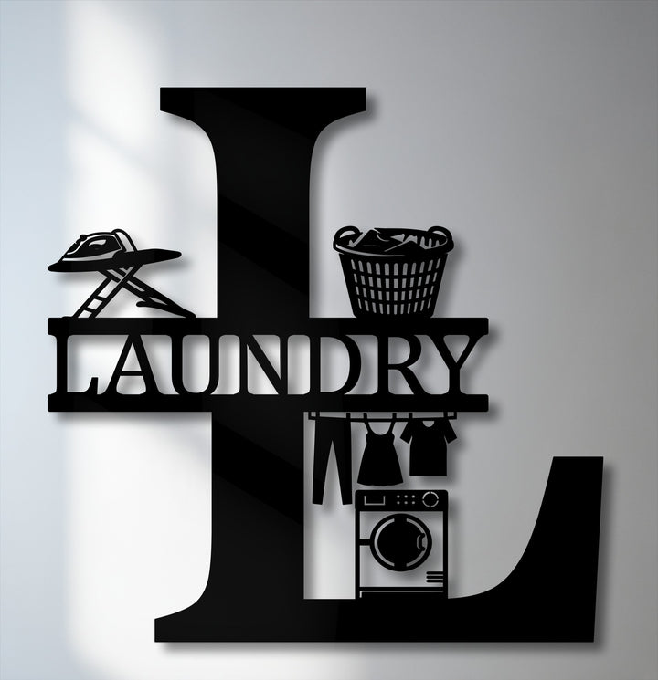 The layered custom initial metal decoration wall art casts captivating shadows, highlighting detailed laundry room motifs like the iron and washer.
