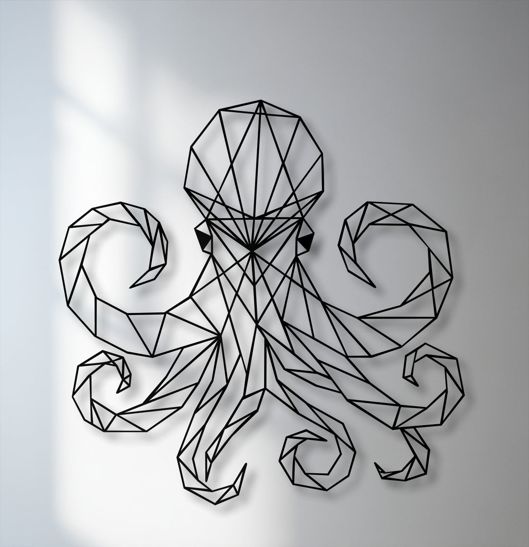 The abstract geometric octopus line art creates a modern, stylized marine image, perfect for decorative metal art.