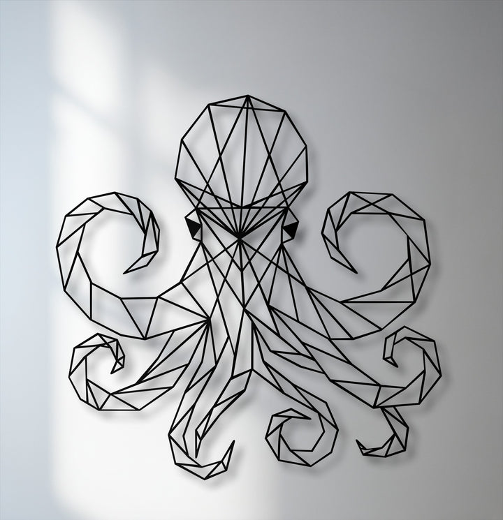 The abstract geometric octopus line art creates a modern, stylized marine image, perfect for decorative metal art.