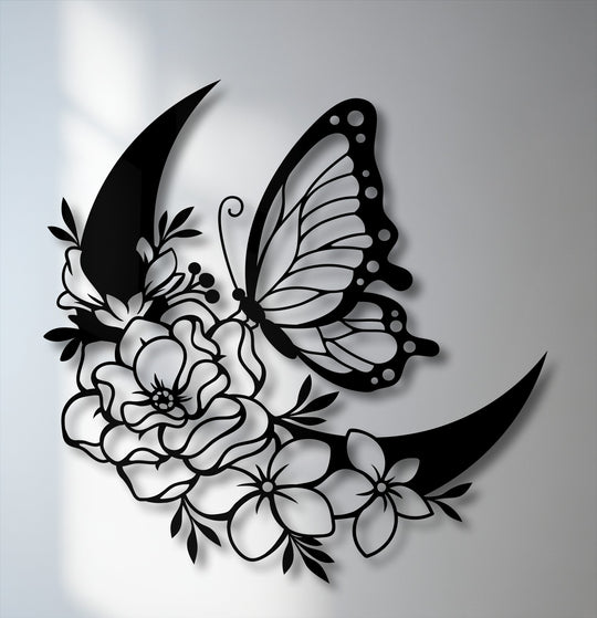 The stark monochromatic color saturation beautifully emphasizes the bold silhouette of the butterfly and floral crescent metal decoration wall art.